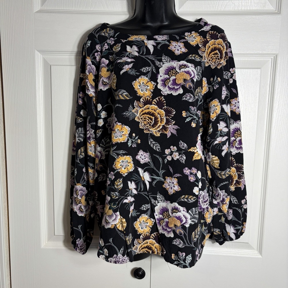 Loft Outlet Large Floral Print Shirt Women M Black Purple Yellow Long Sleeve Top